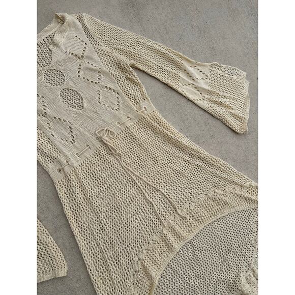 Cream crochet top high low bell sleeve small M women hippie boho indie open knit - Picture 3 of 5